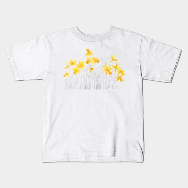 yellow daffodils field watercolor and pencil Kids T-Shirt by colorandcolor